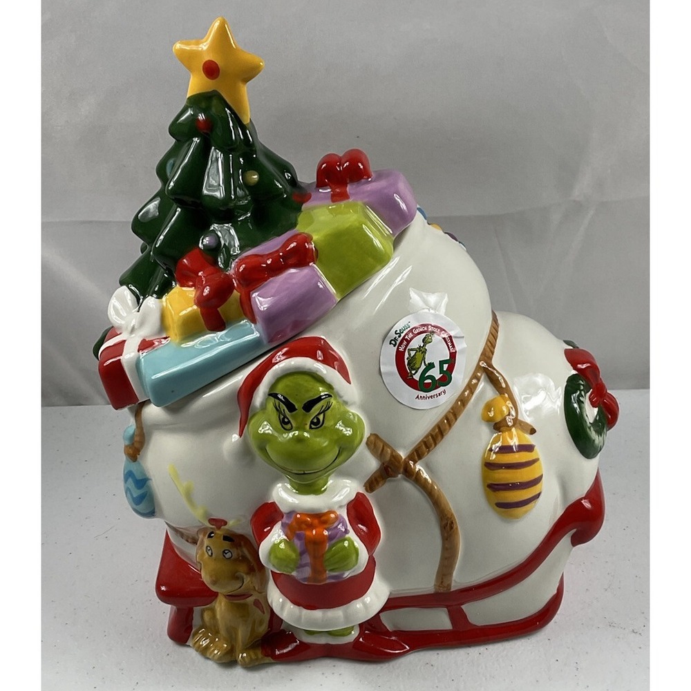 Dr Suess GRINCH Who Stole Christmas Cookie Jar Canister w/ Max Tree Sleigh